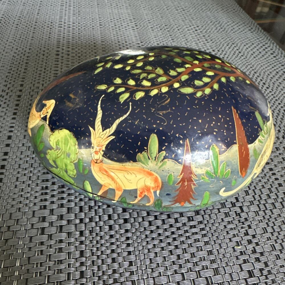Vintage Hand Painted India Kashmir Jungle Trinket Box 3.5 X 3 Inches Used